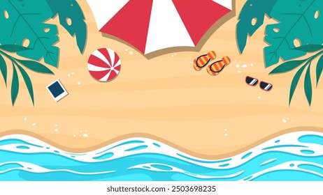 Beach summer background with sand, sea, and tropical leaves framing the top corners