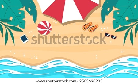 Beach summer background with sand, sea, and tropical leaves framing the top corners