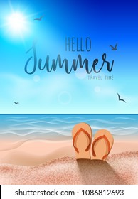 Beach summer background, Sunny sand tropical travel party coast background with slippers on sand.