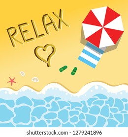 beach, summer card, relax and heart written in sand 