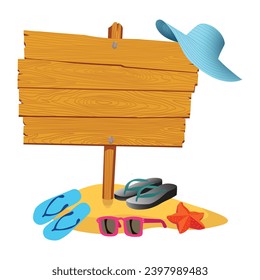 Beach and summer cartoon background with slippers beach hat, sun glass, star fish and sand vector illustration