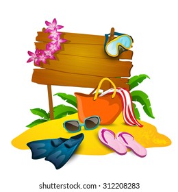 Beach and summer cartoon background with slippers bag and sand vector illustration 