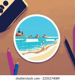beach summer circle sticker illustration 