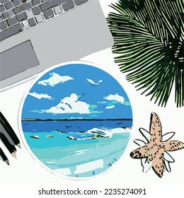 beach summer circle sticker illustration 