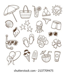 Beach and summer clipart collection. Cute doodle elements isolated on white background. Vector illustration.