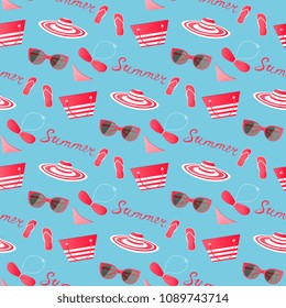 Beach summer clothes and accessories seamless pattern.
