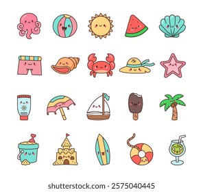 Beach summer cute kawaii cartoon characters set with animals, marine objects watermelon, starfish, octopus, crab, palm tree, sunscreen, sandcastle for your creative stylish projects