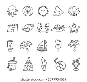 Beach summer cute kawaii cartoon characters set with animals, marine objects watermelon, starfish, octopus, crab, palm tree, sunscreen, sandcastle for your creative stylish projects