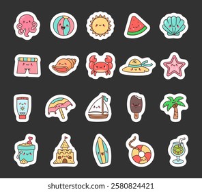 Beach summer cute kawaii cartoon characters set with animals, marine objects watermelon, starfish, octopus, crab, palm tree, sunscreen, sandcastle for your creative stylish projects