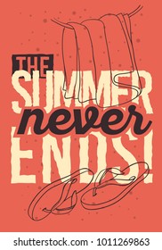 Beach Summer Design With Flip Flops Slippers Beach Shoes And Hanged Towel Hand Drawn Line Art Illustrations. Vector Graphic.