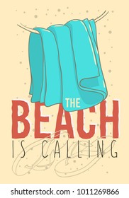 Beach Summer Design With Flip Flops Slippers Beach Shoes And Hanged Towel Hand Drawn Line Art Illustrations. Vector Graphic.