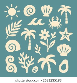 Beach Summer Doodle Clipart Set – Hand Drawn Tropical Icons Including Palm Trees, Shells, Waves and Sun