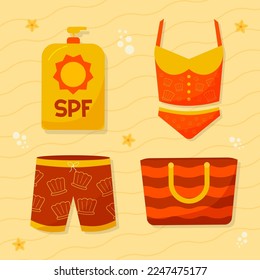 Colecciones de elementos de verano en la playa ilustración plana diseño de vectores simple y elegante