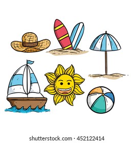 Beach or summer elements with cute sun, ball, surfboard, boat and straw hat using doodle art
