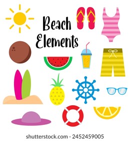 Beach Summer elements, travel, beach, summer time accessory. Beach icon elements vector illustration set  isolated in white background design.