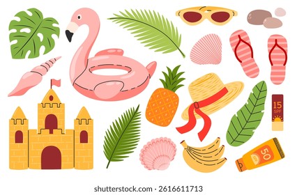 Beach summer elements. Tropical vacation. Travel, beach, summertime accessory. Flamingos, sandcastle, pineapple, tropic leaves, beach accessories. Hand drawn vector illustration isolated 