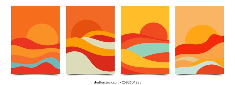Beach summer flowing wave cover template collection. Simple wave retro vector abstract illustration.