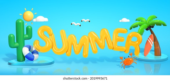 Beach Summer Fun In 3d. Illustration Of Tropical Plants, Aquatic Exercise Equipment And Weather Elements, Etc. On Blue Background