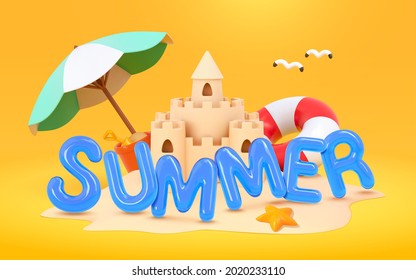 Beach summer fun in 3d. Illustration of sand castle with beach objects and balloon text of summer on yellow background