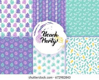Beach Summer Funky Seamless Patterns. Vector Illustration of Nature Tile Background.