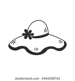 Ilustración de garabato de sombrero de verano de playa. Accesorio de Vector dibujado a mano de la cabeza con la flor de la flor para la mujer. Línea negra aislada.