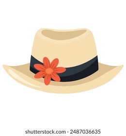 Beach summer hat vector illustration, isolated on white background, hat with ribbon and flower

