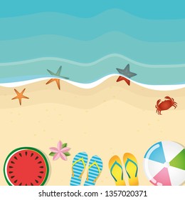beach summer holiday background with flip flops watermelon crab and starfish vector illustration EPS10