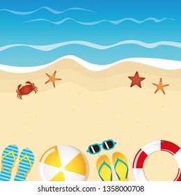 beach summer holiday background with flip flops sunglasses crab and starfish vector illustration EPS10