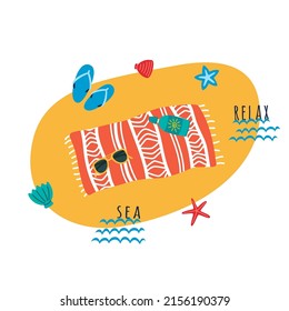 Beach summer holiday composition with beach cover, flip flops, sunglasses and sun lotion. Flat vector cartoon illustration, clipart.