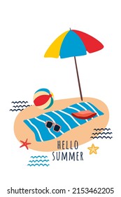 Beach Summer Holiday Composition With Umbrella, Beacy Ball, Sunglasses And Panama. Flat Vector Cartoon Illustration, Clipart.