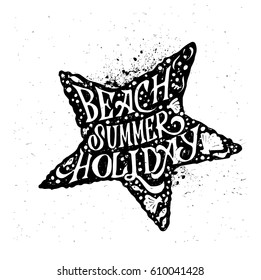 Beach summer holiday, Starfish Vector Illustration on the white background. Hand drawn textured vintage label