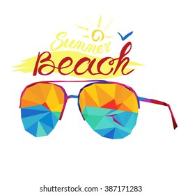 Beach and summer holiday, sunglasses on the white background, triangle style. Lettering color text -summer and beach. Design for postcard and little souvenir. Holiday travel and relax. 