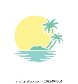 Beach. Summer holidays design. Vector illustration. Travel logo. Sun with sea waves. Green palm on seaside. Concept for travel agency, tropical resort, beach hotel, spa. Summer vacation symbol