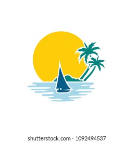Beach. Summer holidays design. Vector illustration. Travel logo. Sun with sea waves. Green palm on seaside. Concept for travel agency, tropical resort, beach hotel, spa. Summer vacation symbol
