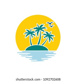 Beach. Summer holidays design. Vector illustration. Travel logo. Sun with sea waves. Green palm on seaside. Concept for travel agency, tropical resort, beach hotel, spa. Summer vacation symbol