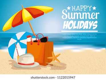 Strand mit Sommerferien-Symbolen