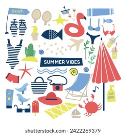 Beach and Summer icon collection. Travel, travel abroad and summer vacation trip. Hand drawn vector illustration. Perfect for sticker kit, scrapbooking, poster, tags