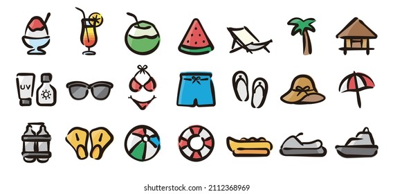 Beach and summer icon set for graphic (Hand draw color version)