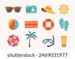 Beach and summer icons collection including sunglasses, camera, beach ball, beach umbrella, hat, flip flops, snorkel, life vest, sunscreen bottle and beach