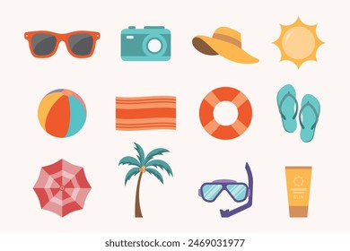 Iconos de playa y verano colección que incluye gafas de sol, cámara, pelota de playa, sombrilla de playa, sombrero, chanclas, snorkel, chaleco salvavidas, botella de protector solar y playa