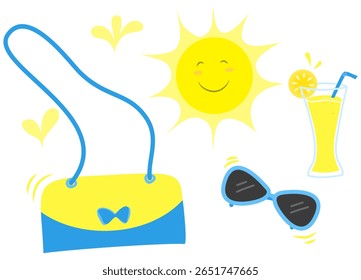 Coleção de ícones de praia e verão, incluindo saco de tipoia, óculos de sol, bebida de gelo de limonada.