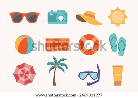 Beach and summer icons collection including sunglasses, camera, beach ball, beach umbrella, hat, flip flops, snorkel, life vest, sunscreen bottle and beach