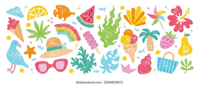 Beach summer icons. Sea vector element. Vacation crayon illustration. Beach sea summer vacation sticker set. Cute holiday icon pattern. Pastel chalk doodle fruit sun watermelon pinwheel flower shell