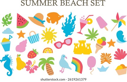 Beach summer icons. Sea vector element. Vacation illustration set. Beach and sea summer vacation sticker set. Cute holiday icon. Pastel chalk doodle fruit sun watermelon tropical cocktail hat shell