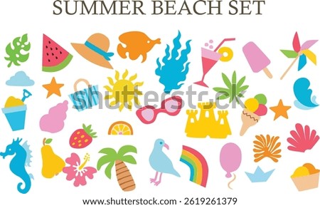 Beach summer icons. Sea vector element. Vacation illustration set. Beach and sea summer vacation sticker set. Cute holiday icon. Pastel chalk doodle fruit sun watermelon tropical cocktail hat shell