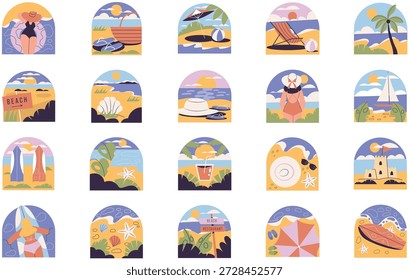 Playa Y Ilustración vectorial De Ilustraciones De Verano. Plantilla de diseño de símbolos de ilustración para elemento de interfaz de usuario móvil de Web.