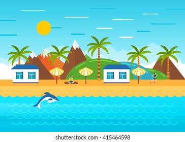 Beach summer landscape. Summer holidays, relax, yoga and healthy life on the beach under a palm tree. Tourist huts on the coast. Vacation, relaxation, ocean, sun, palms.Vector flat illustration