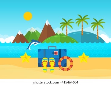 Beach summer landscape. Summer holidays, relax and tourism. Baggage with travel icons and objects with sea on tropical background.  Vacation, relaxation, ocean, sun, palms. Vector flat illustration