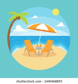 Beach Summer Landscape. Romantic vacation with seaside umbrella and chair vector flat. Beautiful ocean seaside.