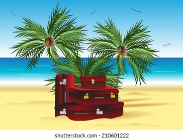 beach. A summer landscape, suitcases under palm trees and a view of the sea, the sky and birds.